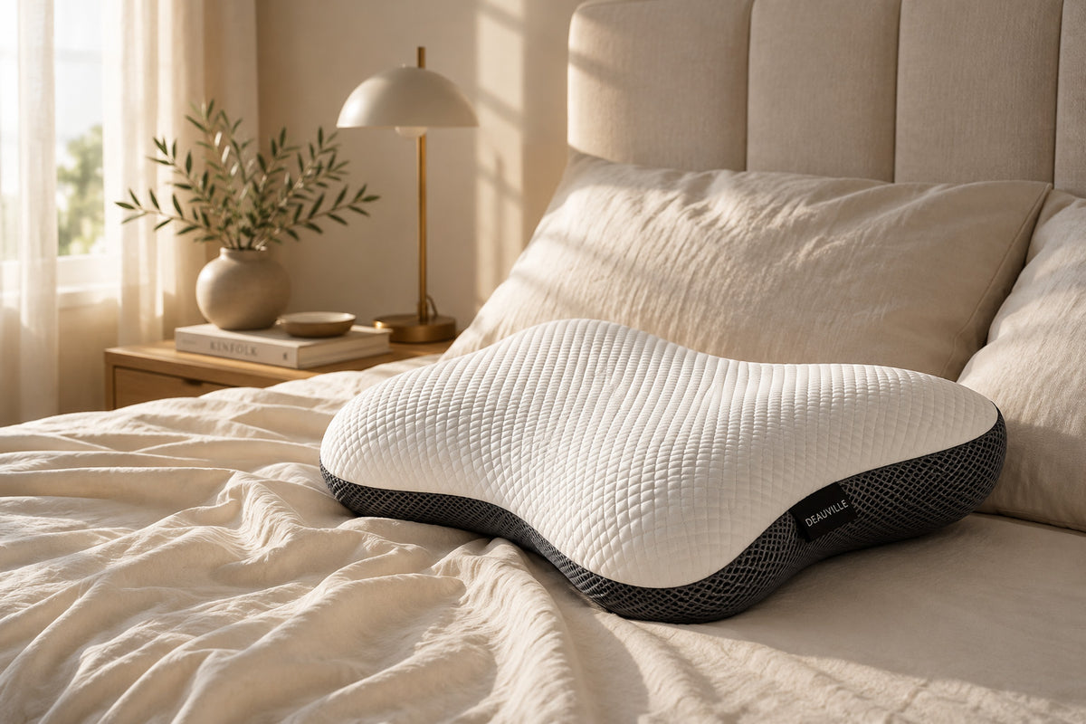 Le coussin cervical ergonomique Deauville posé sur un lit