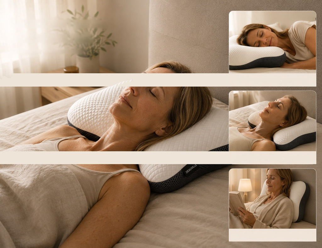 Le coussin cervical Deauville en situation, adapté à plusieurs positions de sommeil