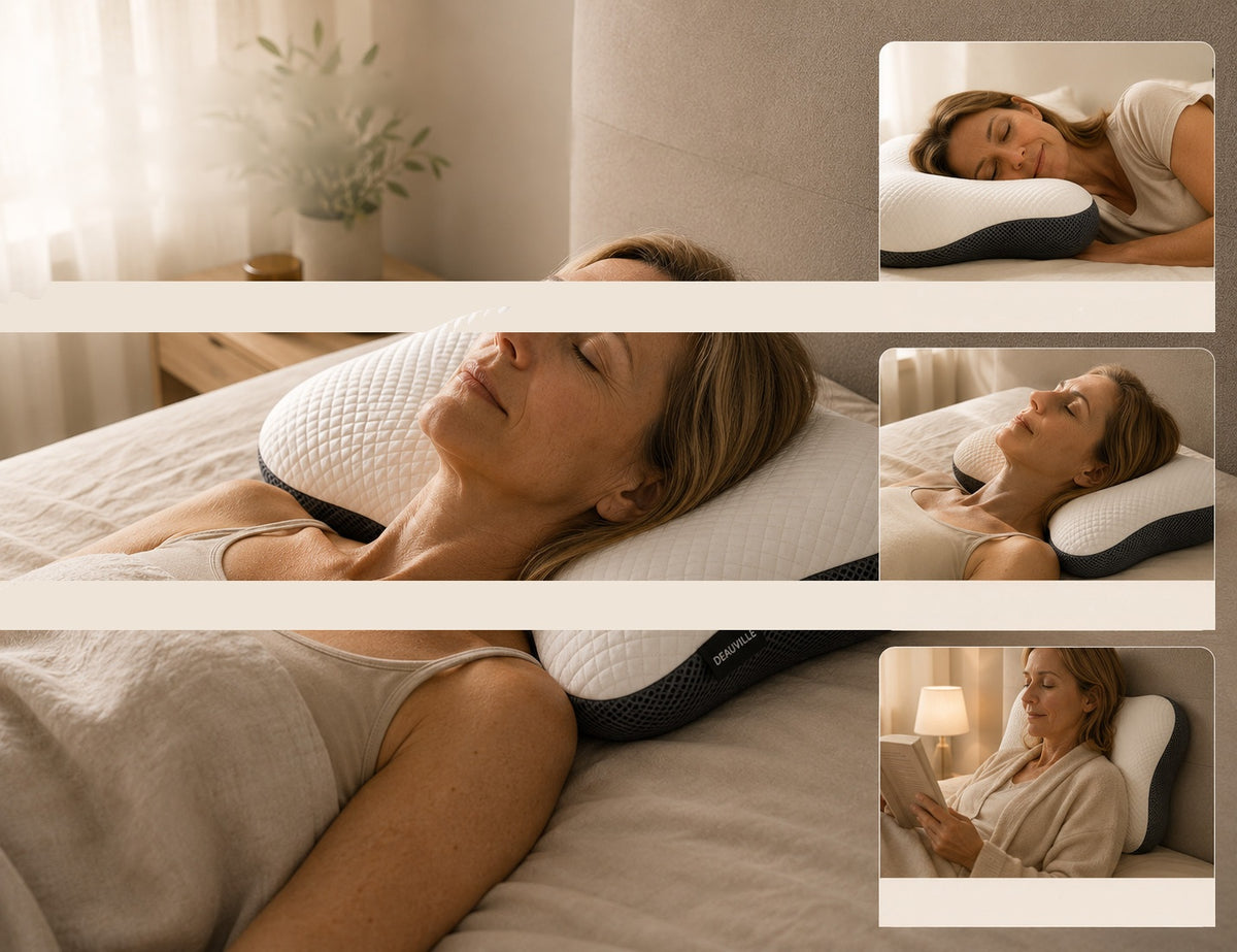 Le coussin cervical Deauville en situation, adapté à plusieurs positions de sommeil